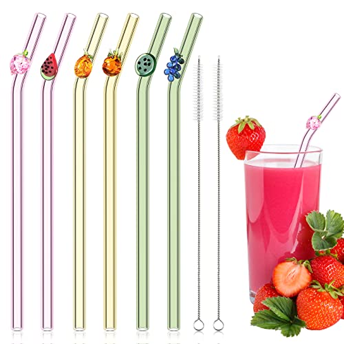 6 Stück Glas-Trinkhalme mit Design, wiederverwendbare Obst-Trinkhalme, 20.1 cmx8 mm, bunt, niedlich, wiederverwendbar, Obst-Partyzubehör, Dekorationen, Strand, Geburtstag von Queekay