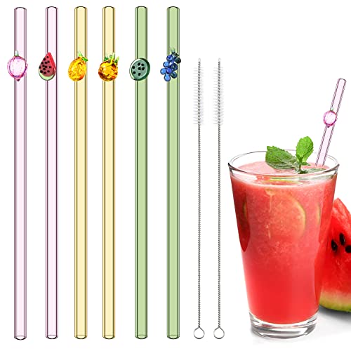 6 Stück Glas-Trinkhalme mit Design, wiederverwendbare Obst-Trinkhalme, 20.1 cmx8 mm, bunt, niedlich, wiederverwendbar, für Obst, Party, Strand, Geburtstag (gerade) von Queekay