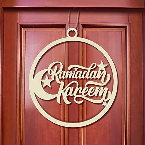 Queekay Eid Mubarak Dekoration Ramadan Kareem Türschild aus Holz Runden Hohles Holztürschild zum Aufhängen Eid Al Fitr Ramadan Islam Mubarak Wandanhänger für Gastgeschenke von Queekay