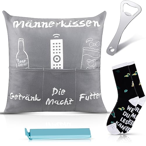 Queekay Set inklusive 43 x 43 cm Kissen Bezug mit Taschen zum Befüllen Socken mit Spruch Edelstahl Flaschenöffner und Tüten Clip Lustig Geschenke für Vater Männer von Queekay