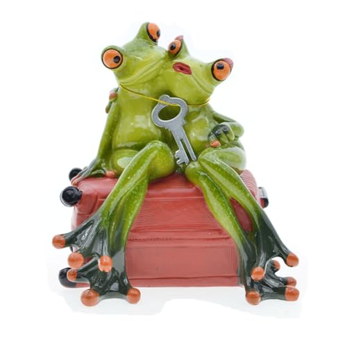 Queemie Kreative Pärchen Frösche Sitzen auf Rotem Koffer Harz Statue, Lustige Reisen Frosch Liebhaber Maskottchen Tiere Skulptur Sammelfiguren für Regale Tisch Desktop Dekor von Queemie