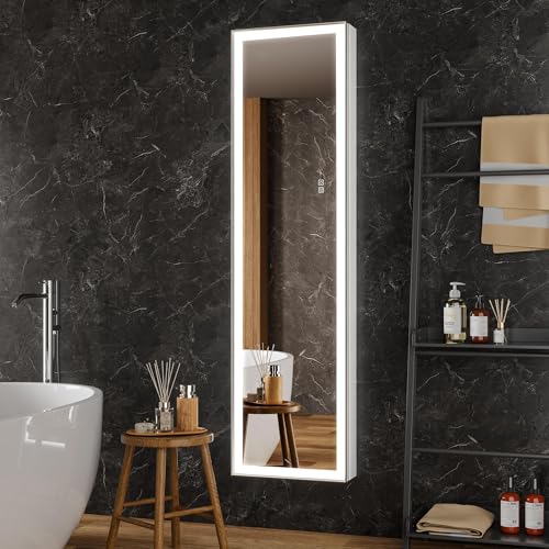 QueenFun 40,6 x 152,4 cm hoher beleuchteter Medizinschrank mit Spiegeltür und Bürste, Nickel-Schrägrahmen, Oberfläche oder versenkter LED-Badezimmer-Spiegelschrank mit Auslass, 5-stöckiges QueenFun 40,6 x 152,4 cm hoher beleuchteter Medizinschrank mit Spiegeltür und Bürste, Nickel-Schrägrahmen, Oberfläche oder versenkter LED-Badezimmer-Spiegelschrank mit Auslass, 5-stöckiges von QueenFun