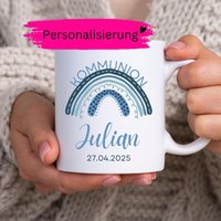 Personalisierte Tasse Zur Kommunion Mit Name Datum, Boho Geschenk Idee Für Junge, Blauer Regenbogen Becher Kakao, Mädchen, Kind, Bub, Erinnerung von QueenOfMyOwnEmpire