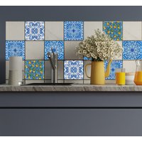 queence Fliesenaufkleber "Blaue Ornamente mit Zitronen", (12 St.), selbstklebend, 12er Set von Queence
