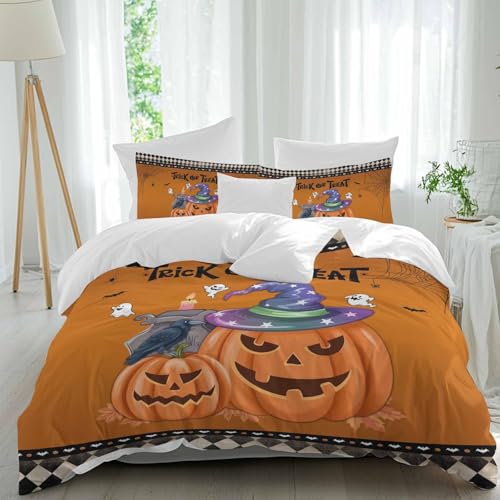 California-King-Size-Bettbezug-Set, Halloween, Kürbis, Krähe, Geist, Fledermaus, 3-teilig, weiches Bettwäsche-Set, 1 Bettbezug + 2 dekorative Kissenbezüge, für Schlafzimmer, alle Jahreszeiten California-King-Size-Bettbezug-Set, Halloween, Kürbis, Krähe, Geist, Fledermaus, 3-teilig, weiches Bettwäsche-Set, 1 Bettbezug + 2 dekorative Kissenbezüge, für Schlafzimmer, alle Jahreszeiten von Queener Home