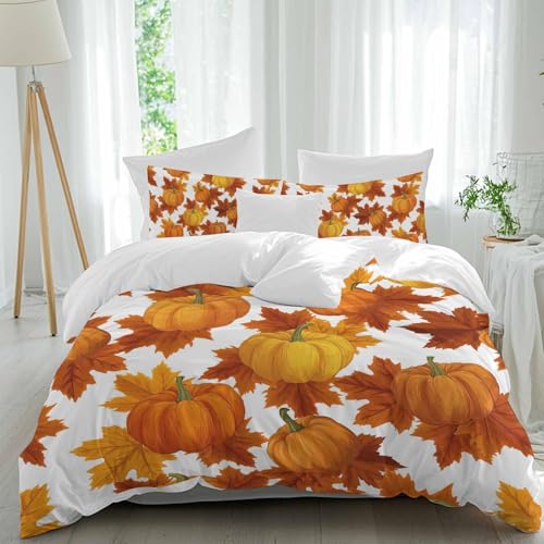 California-King-Size-Bettbezug-Set, Herbst-Orange, Kürbis, Ahornblatt, 3-teilig, weiches Bettwäsche-Set, 1 Bettbezug + 2 dekorative Kissenbezüge, für Schlafzimmer, alle Jahreszeiten, rustikales California-King-Size-Bettbezug-Set, Herbst-Orange, Kürbis, Ahornblatt, 3-teilig, weiches Bettwäsche-Set, 1 Bettbezug + 2 dekorative Kissenbezüge, für Schlafzimmer, alle Jahreszeiten, rustikales von Queener Home