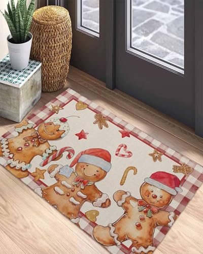 Fußmatte mit weihnachtlichem Cartoon-Lebkuchenmann, Dessert, für den Innenbereich, 45,7 x 76,2 cm, rutschfeste Matte mit Gummi-Rückseite, weich, saugfähig, Bodenteppich für Badezimmer, Schlafzimmer Fußmatte mit weihnachtlichem Cartoon-Lebkuchenmann, Dessert, für den Innenbereich, 45,7 x 76,2 cm, rutschfeste Matte mit Gummi-Rückseite, weich, saugfähig, Bodenteppich für Badezimmer, Schlafzimmer von Queener Home