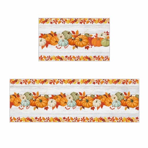 Küchenteppiche und -matten, 2er-Set, Herbst-Kürbis-Ahornblatt, rutschfester Teppich, stehend, Bodenmatte, Läufer für Badezimmer, Wohnzimmer, Eingangsbereich, Erntedank-Pflanze auf Holzbrett von Queener Home