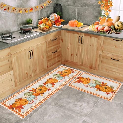 Küchenteppiche und -matten, 2er-Set, Herbst-Kürbisblatt, rutschfester Teppich, Stehmatte, Bodenmatte, Läufer für Badezimmer, Wohnzimmer, Eingangsbereich, Herbstpflanze auf Holzdiele, orangefarbenes von Queener Home