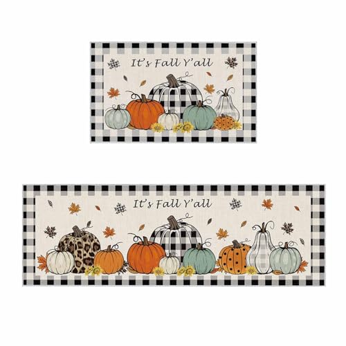 Küchenteppiche und -matten, 2er-Set, Thanksgiving Kürbis, Ahornblatt, rutschfester Teppich, Stehmatte, Teppichläufer für Badezimmer, Wohnzimmer, Eingangsbereich, schwarzes Karomuster, Leinenstruktur von Queener Home