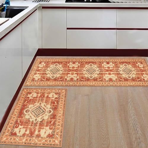 Küchenteppiche und -matten, 2er-Set, Vintage-Stil, ethnisches Tribal-Blumenmuster, rutschfest, Teppich, Stehmatte, Teppichläufer für Badezimmer, Wohnzimmer, Eingangsbereich, traditionelles von Queener Home