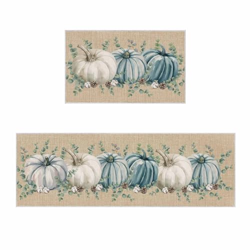 Küchenteppiche und -matten, 2er-Set, rutschfest, für Badezimmer, Wohnzimmer, Eingangsbereich, Erntedankfest, botanisches Blatt auf Leinen, Herbst-Weiß / Blau von Queener Home