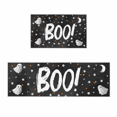 Küchenteppiche und -matten, Halloween-Geist auf Schwarz, rutschfest, für Badezimmer, Wohnzimmer, Eingangsbereich, Orange, Weiß, Punkte, Stern, Mond, 2 Stück von Queener Home