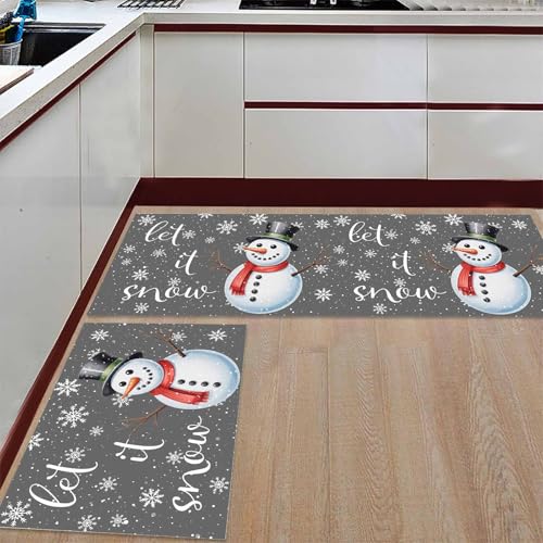 Küchenteppiche und -matten, Weihnachtsschneemann, Schneeflocken, rutschfester Teppich, Stehmatte, Teppichläufer für Badezimmer, Wohnzimmer, Eingangsbereich, Grau, 2 Stück von Queener Home