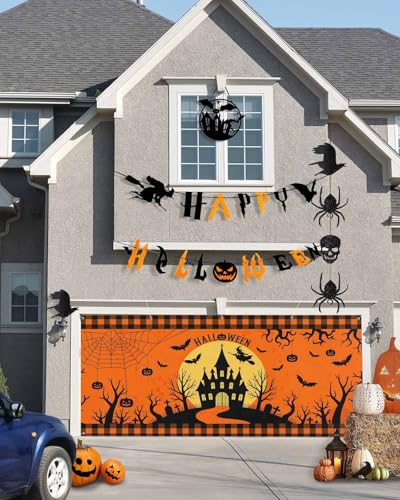 Halloween Schloss Garagentor Banner 2,1 x 2,4 m Hexe Fledermaus Mond Urlaub Garage Dekorationen Foto Hintergrund Orange Schwarz Plaid Groß Outdoor Hängende Hintergrund Garagentor Abdeckung für Party von Queenker