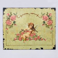 Retro Blechschild Metallschild Engelmotiv Rosenblüten Rosen Engel Geige Putte Putto von QueenofGarbage2