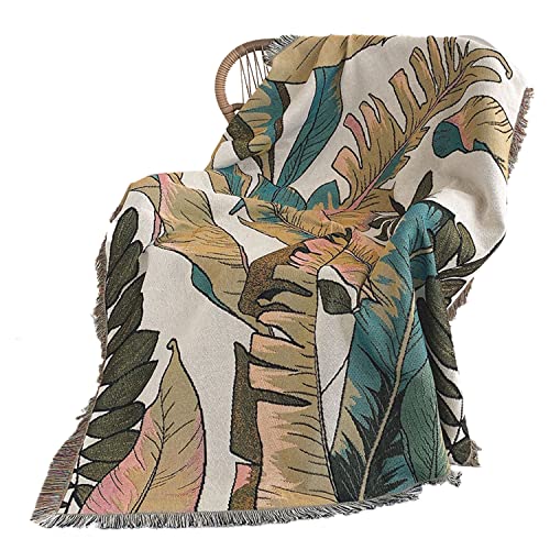 Queenshin 100% Baumwolle Boho Leaves gestrickt Flauschige Decke Matte Wandteppich, 390 GSM Weiche böhmische Kuscheldecke für Bett Couch Sofa Wohnzimmer, 130 * 160 cm von Queenshin