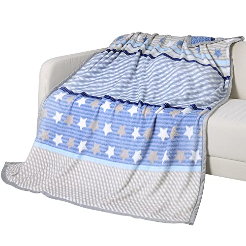 Queenshin Flanell Decke Blau Flauschige Sterne und Streifen Wohndecke Couchdecke, Wohndecke für Sofa, Couch & Bett, Kuschelig Weich und Angenehm Warm 150 x 200 cm von Queenshin