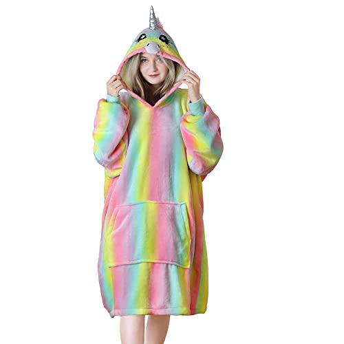 Queenshin Hoodie Decke Regenbogen Einhorn Übergroßer Sweatshirts für Damen, Flauschig Fleece Ovrsized Decke mit Sherpa kuscheldecke mit Ärmeln, Einheitsgröße von Queenshin