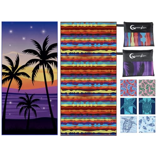 Queenshin Strandtuch Mikrofaser Badetuch Groß 90 x 180cm 2er Set,Handtuch Badetuch Strand XXL Strandhandtuch,Strandtücher Schnelltrocknendes Beach Towel,Sandfrei,Leicht(Kokospalme und Streifen) von Queenshin