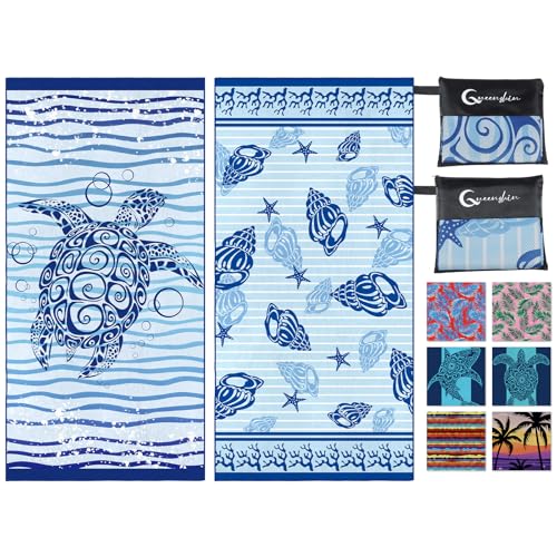 Queenshin Strandtuch Mikrofaser Badetuch Groß 90 x 180cm 2er Set,Handtuch Badetuch Strand XXL Strandhandtuch,Strandtücher Schnelltrocknendes Beach Towel,Sandfrei,Leicht(Schildkröten und Muscheln) von Queenshin