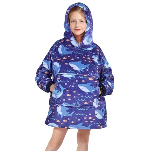 Queenshin Übergröße Blauer Hai Hoodie Decken Sweatshirt für Kinder und Teenies, Kuschelpullover Warme Flanelldecke Body Decke, Eine Größe für alle von Queenshin