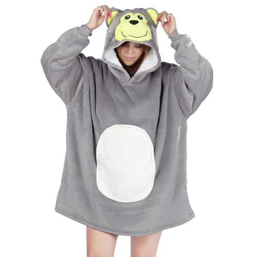 Queenshin Übergröße Grauer AFFE Hoodie Decken Sweatshirt für Damen Herren, Kuschelpullover Warme Flanelldecke Body Decke, Eine Größe für alle von Queenshin