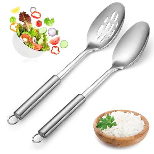 2 Stück Salatlöffel Großer Löffel EsslöFfel Servierbesteck Kochutensilien Set Edelstahl Servierlöffel und Geschlitzter Löffel Set Edelstahl Schlitzlöffel Vorlegelöffel Kochlöffel mit Langen Griffen von Queerelele