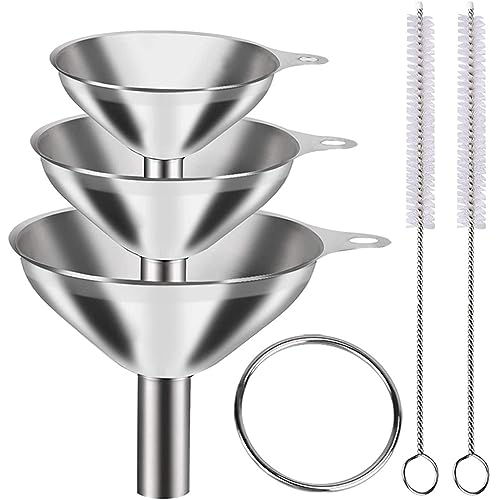 3 Stück Metall Trichter, Edelstahl Trichter Set, Mini Trichter, Kitchen Strainer Trichter, für Übertragen von Flüssigkeit, Kochölen, Marmelade und Pulver mit 2 Reinigungsbürste mit Langem Griff von Queerelele