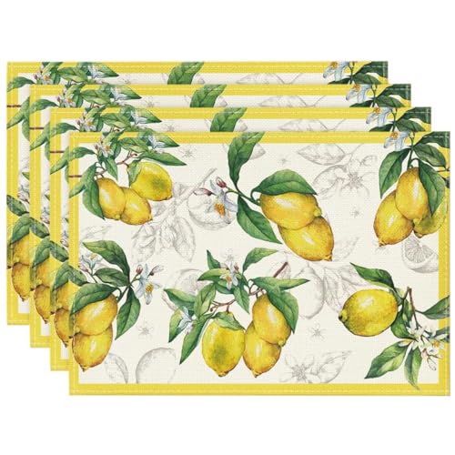 4 Stück Tischset Leinen Tischsets Esstisch Zitronen Tischsets Waschbar Platzdeckchen Mode Zitrone Tropische Früchte Platzset Sommer Platzsets für Zuhause Restaurant Speisetisch Urlaub Party 30x45cm von Queerelele