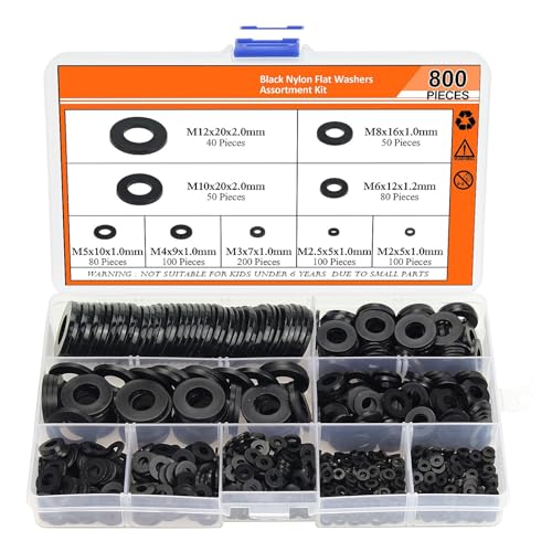 800 Stück Flach Unterlegscheiben 9 Größen Unterlegscheiben Set (M2 M2.5 M3 M4 M5 M6 M18 M10 M12) Nylon Flache Beilagscheiben Unterlegscheiben Kunststoff für Mechanische Industrie Befestigungen von Queerelele