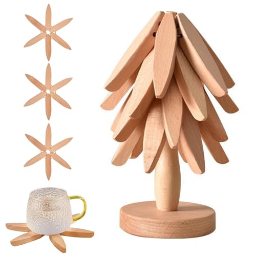 Untersetzer in Baumform,Kreative Baumform Coasters,Hitzebeständige Holz Topfuntersetzer,Untersetzer Topf,4er-Set (4 Holzuntersetzer + 1 Ständer), Kreative Faltbare Holz-Wärmeisolationsmatte von Queerelele