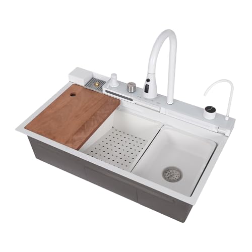 Arbeitsplatte Digitale Anzeige Spüle Wasserfall Spüle Küchenspüle Mit Wasserhahn Piano Taste Digitalanzeige Feiyu Waschbecken 80 * 46 * 22cm(68 * 46 Armaturen)-weiß von Queeucaer