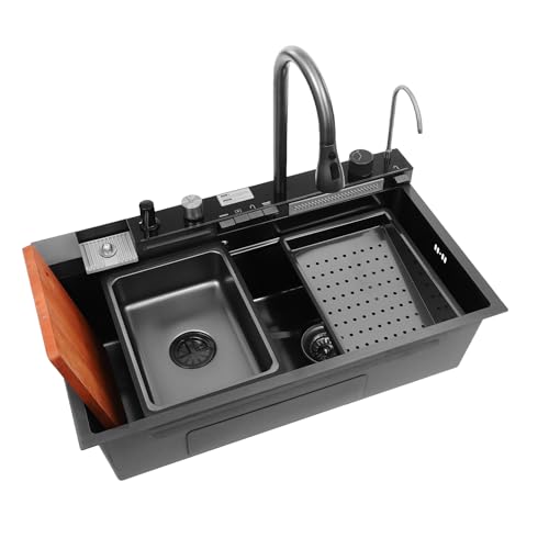 Edelstahl Küchenspüle Wasserfallspüle SpülbeckenSet Einbauspüle Wasserhahn Piano Taste Digitalanzeige Waschbecken 80 * 46 * 22cm-schwarz von Queeucaer