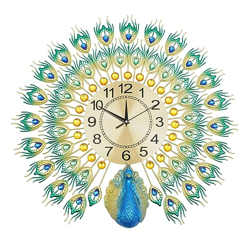 Queeucaer Großer Pfau Wanduhr,Pfauenuhr Wanduhr große Größe Wanduhren mit Metallzifferblatt, Nicht Tickende Leise Digitale Luxus Bunt Wohnkultur Aus Metall Wohnzimmer Kunst Deko,Bunt von Queeucaer