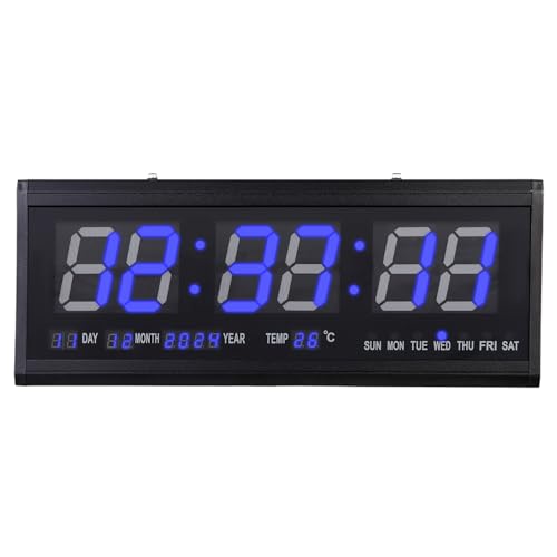 Queeucaer große Digitale Wanduhr mit Fernbedienung, automatisch dimmbare Digitaluhr mit großem Display Wanduhren Digital Wanduhr Funk-wanduhr Temperaturanzeige Display Datumanzeige Blau von Queeucaer