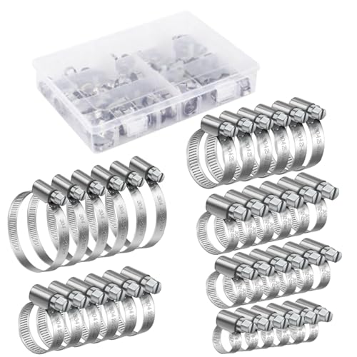 Schlauchschellen Set 8-50mm, 36 Stück Rostfreie 304 Schlauchklemmen Edelstahl, Rohrschellen Sortiment für Poolschlauch, Haus Gas Rohr, Gartenschlauch von Queltrix