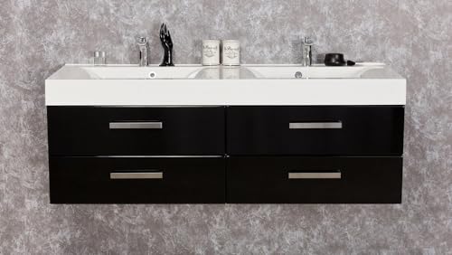 Quentis Badmöbel ARUVA Breite 140 cm, schwarz glänzend, Doppelwaschtisch mit Waschtischunterschrank montiert (140 cm - Doppel) von Quentis Badmöbel