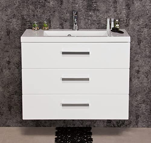 Quentis Badmöbel Genua, Breite 80 cm, Waschplatzset 2-teilig - Waschbecken mit Waschbeckenunterbau (montiert) (weiß glänzend, 3 Schubladen) von Quentis Badmöbel