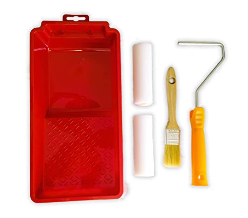 Quercos - Farbroller Set 5 Stück, Profiqualität Malerrolle - 2 x Schaumwalzen 11 cm fein gerad, 1 x Farbwanne, 1 x Farbroller Bügel, 1 x Pinsel 30 mm. (Pack 3) von Quercos