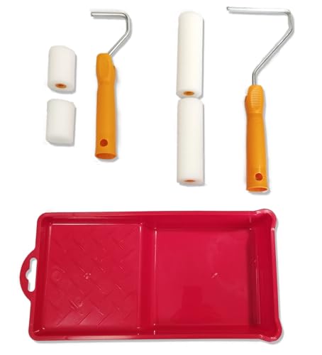 Quercos Malerset 7 Teilig zum Lackieren von Möbeln und Kleinflächen - 2 x Polyurethan Farbrollen 11 cm + 2 x Schaumstoffrolle 5 cm -2 Farbrollengriff & 1 x Farbwanne Medium. Farbroller Set von Quercos