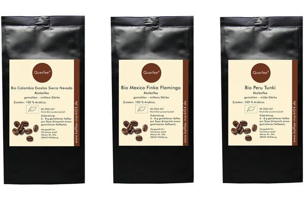Querfee 3 x Bio Kaffee als Kaffee Set - Bio Kaffee aus verschiedenen Ländern - 3 x 75 g - 225 g von Querfee