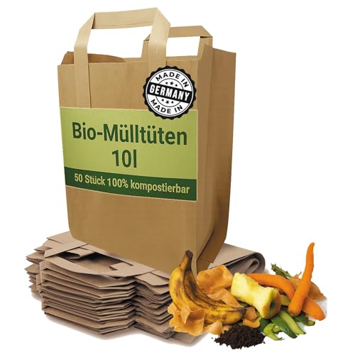 Biomüllbeutel mit Henkel Bio Mülltüten Reißfest 10 Liter | 50 Stk. Bioabfalltüten für den Küchenabfall mit praktischem Tragegriff und Rollboden 100% kompostierbar von Quertee von Quertee