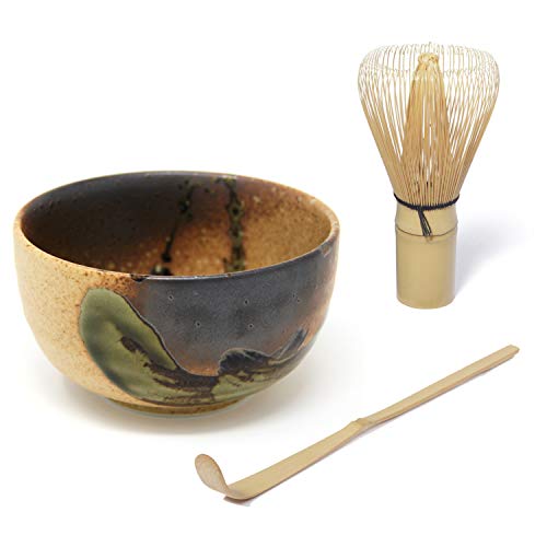 Quertee Japanisches Matcha Set - Original japanische Matcha Schale - 400 ml PLUS Matcha Besen Chasen - Matchabesen PLUS Matcha Bambuslöffel Chashaku von Quertee