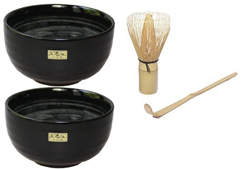 Quertee - Matcha Set - 2 x Original japanische Matcha Schale Aqua - 400 ml PLUS Matcha Besen Chasen - Matchabesen PLUS Matcha Bambuslöffel Chashaku von Quertee