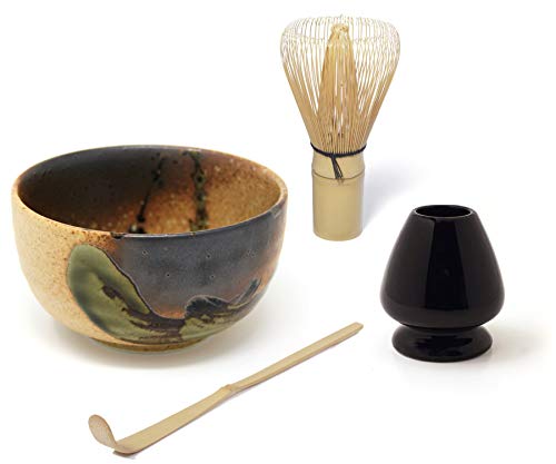 Quertee - Matcha Set - Original japanische Matcha Schale - 400 ml PLUS Matcha Besen Chasen - Matchabesen PLUS Matchabesen Halter PLUS Matcha Bambuslöffel Chashaku von Quertee