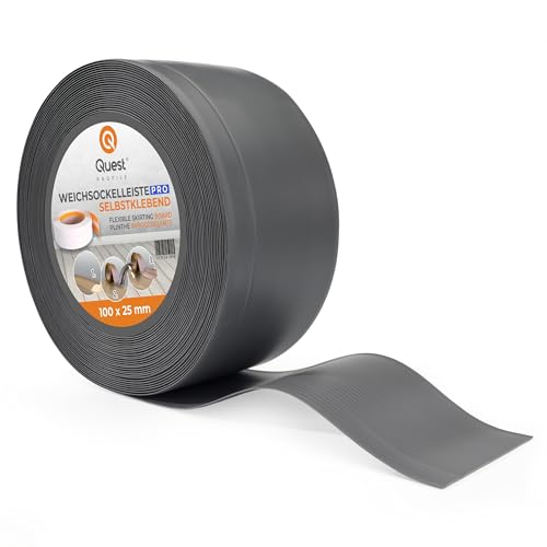 Quest Weichsockelleiste ohne Klebeband Knickleiste Abschlussleiste | 100 mm x 25 mm | für Küche Badezimmer Dichtungsband PVC Flexibel Wasserdicht Dekorativ | 15 Meter | Dunkelgrau von Quest