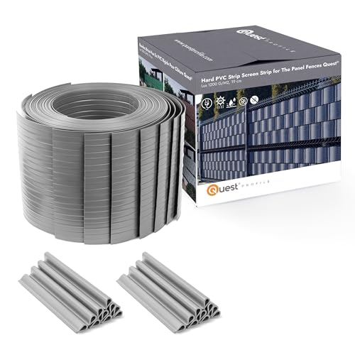 Quest Sichtschutzstreifen Doppelstabmatten Zaun – Hart PVC Sichtschutz Windschutz für Garten – Höhe: 19cm; Länge: 2,525m; 900g/m2 – 10 Streifen + 20 Clips (10 Streifen x 2,525m, Grau) von Quest