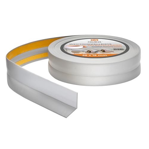Quest Weichsockelleiste Selbstklebend - 25 mm x 15 mm - Knickleiste, Abschlussleiste für Küche, Badezimmer - Dichtungsband PVC, Flexibel, Wasserdicht, Dekorativ - 5 Meter, Silber Quest Weichsockelleiste Selbstklebend - 25 mm x 15 mm - Knickleiste, Abschlussleiste für Küche, Badezimmer - Dichtungsband PVC, Flexibel, Wasserdicht, Dekorativ - 5 Meter, Silber von Quest