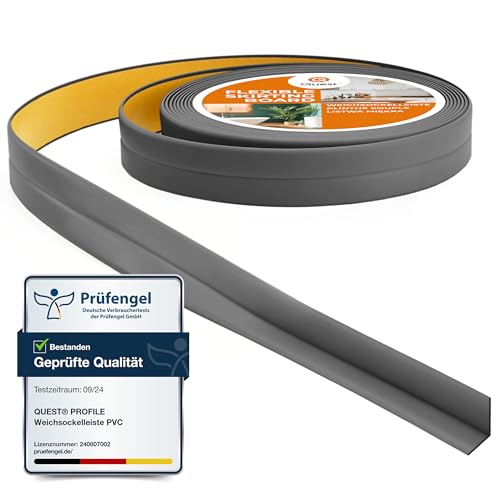 Quest Weichsockelleiste Selbstklebend, Knickleiste, Abschlussleiste für Küche, Badezimmer - Dichtungsband - PVC, Flexibel, Dicht, Dekorativ - 10 mm x 10 mm - 5 Meter, Dunkelgrau von Quest
